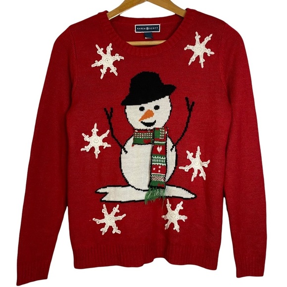 Karen Scott Red Knit Sweater Snowman Snowflake Embellishment Small S - Picture 1 of 13